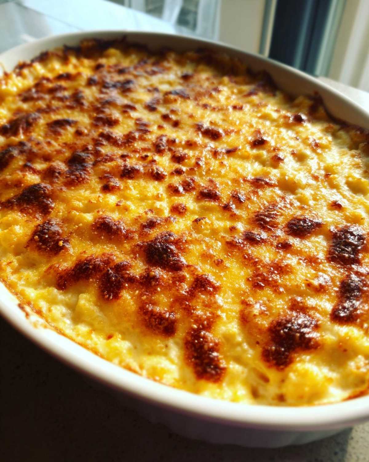 Close-up of a creamy, baked popper dip in a white oval dish with a bubbly, golden-brown, and slightly charred cheese topping.