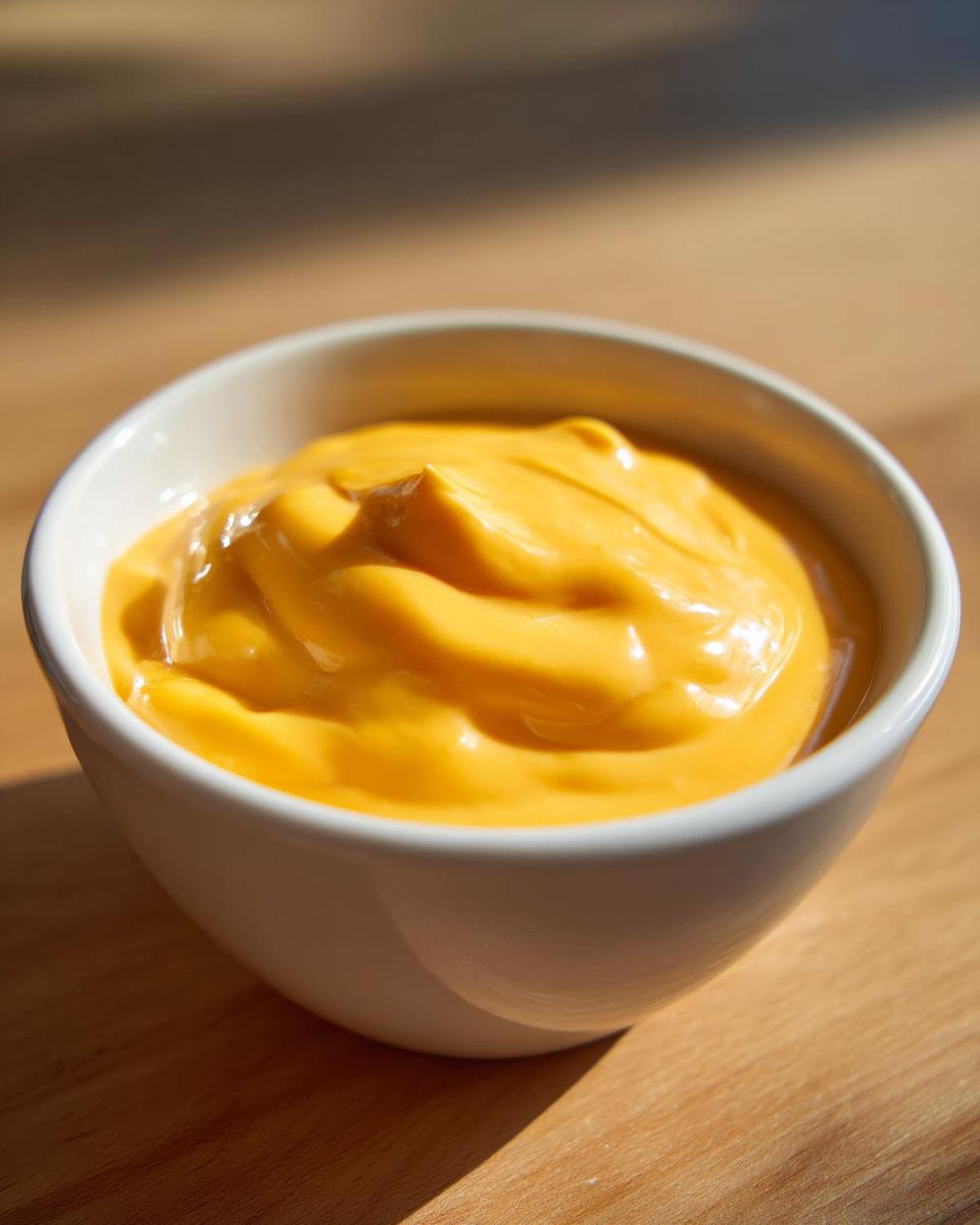Close-up of smooth, bright orange beer cheese dip served in a small white bowl on a wooden surface.