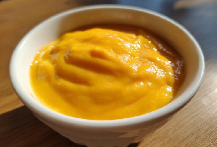 Close-up of smooth, bright orange beer cheese dip served in a small white bowl on a wooden surface.