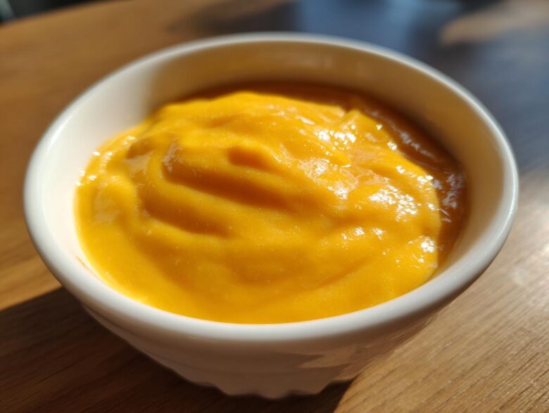 Close-up of smooth, bright orange beer cheese dip served in a small white bowl on a wooden surface.