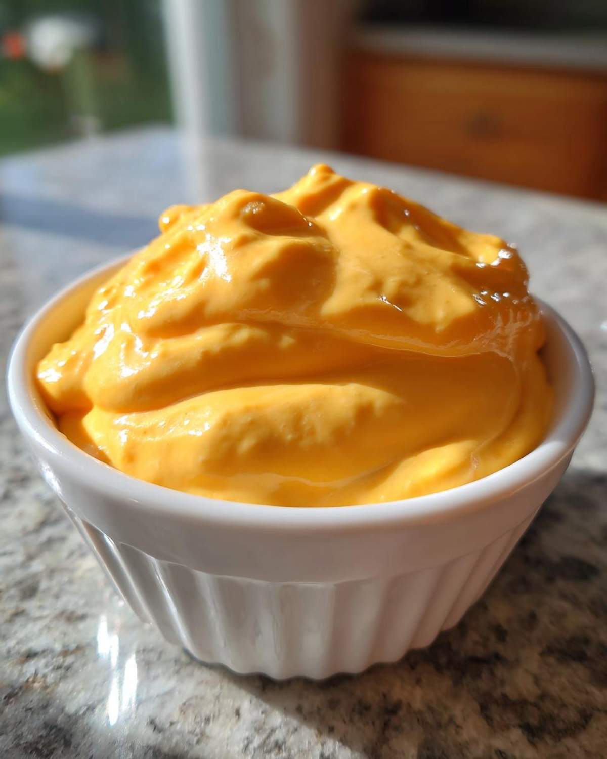 Close-up of thick, bright orange beer cheese dip swirled high in a small white ramekin.