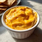Close-up of rich, smooth, bright orange beer cheese dip in a small white bowl, with crackers visible in the background.