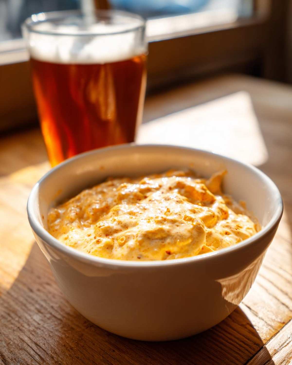 A close-up of creamy, orange beer cheese dip in a white bowl, with a glass of dark beer blurred in the background.