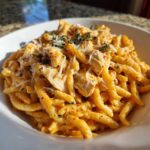 Close-up of creamy cajun chicken pasta topped with shredded parmesan and herbs in a white bowl.