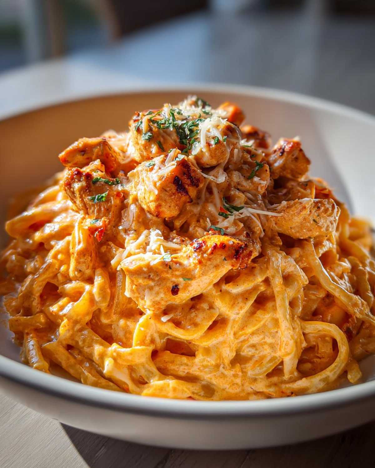 Close-up of creamy Cajun chicken pasta featuring fettuccine noodles coated in an orange sauce, topped with seasoned chicken pieces and grated cheese.