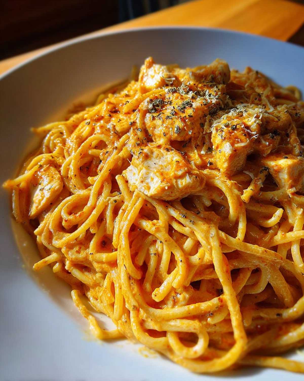 Close-up of creamy Cajun chicken pasta tossed in a rich orange sauce, topped with chicken pieces and herbs.