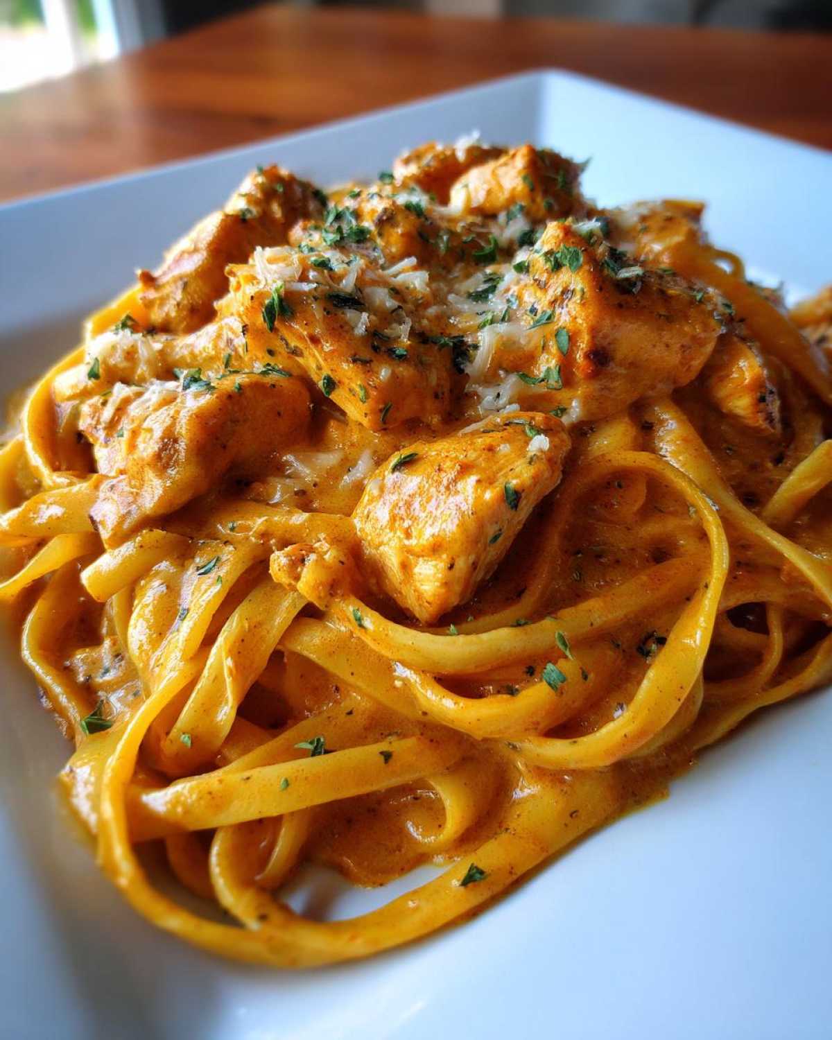 Close-up of creamy Cajun chicken pasta featuring fettuccine noodles, seasoned chicken pieces, and topped with grated Parmesan and parsley.