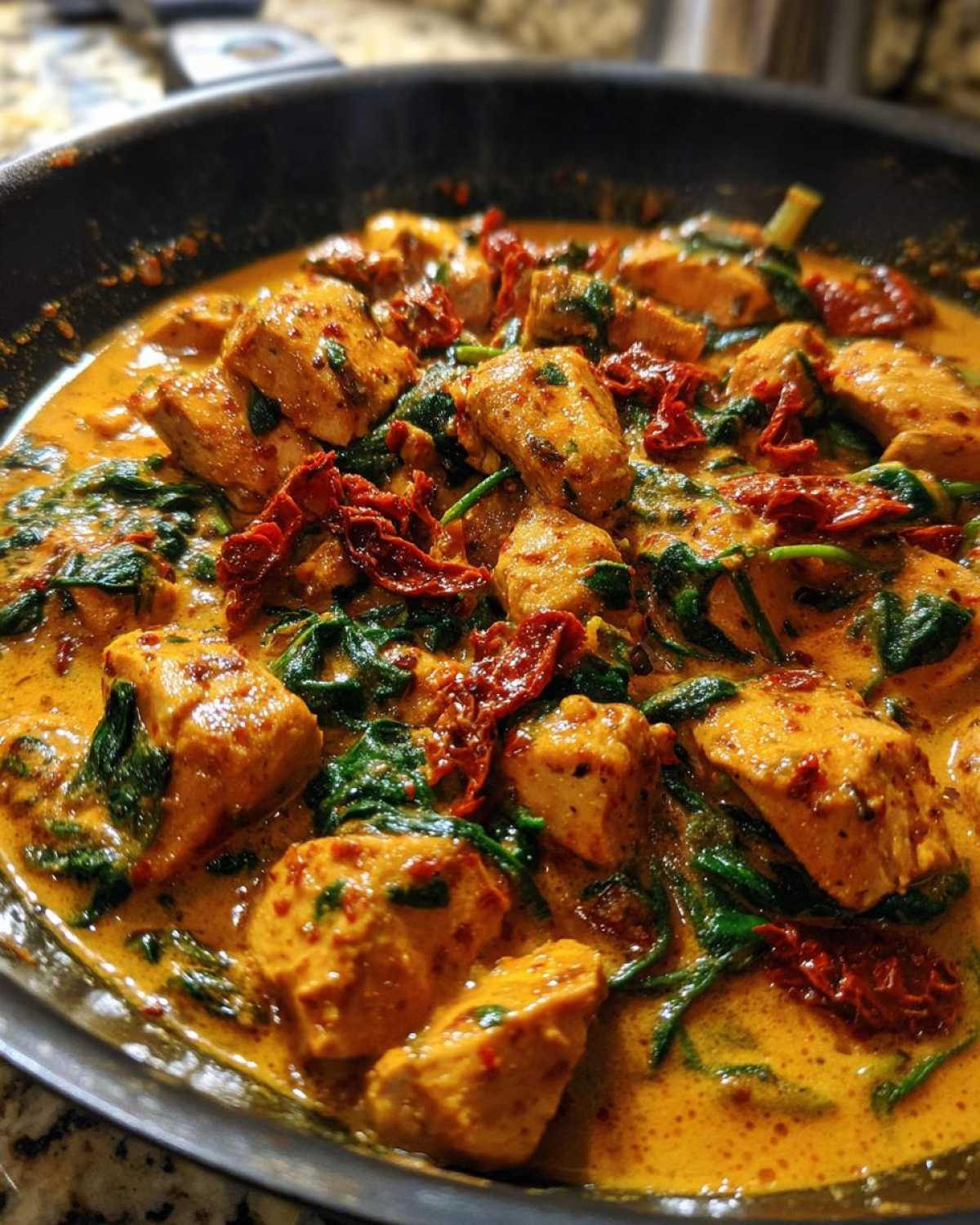 Close-up of seasoned cajun chicken simmering in a creamy orange sauce with spinach and sun-dried tomatoes.