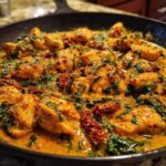Close-up of tender chunks of cajun chicken simmering in a creamy, orange sauce with spinach and sun-dried tomatoes in a black skillet.
