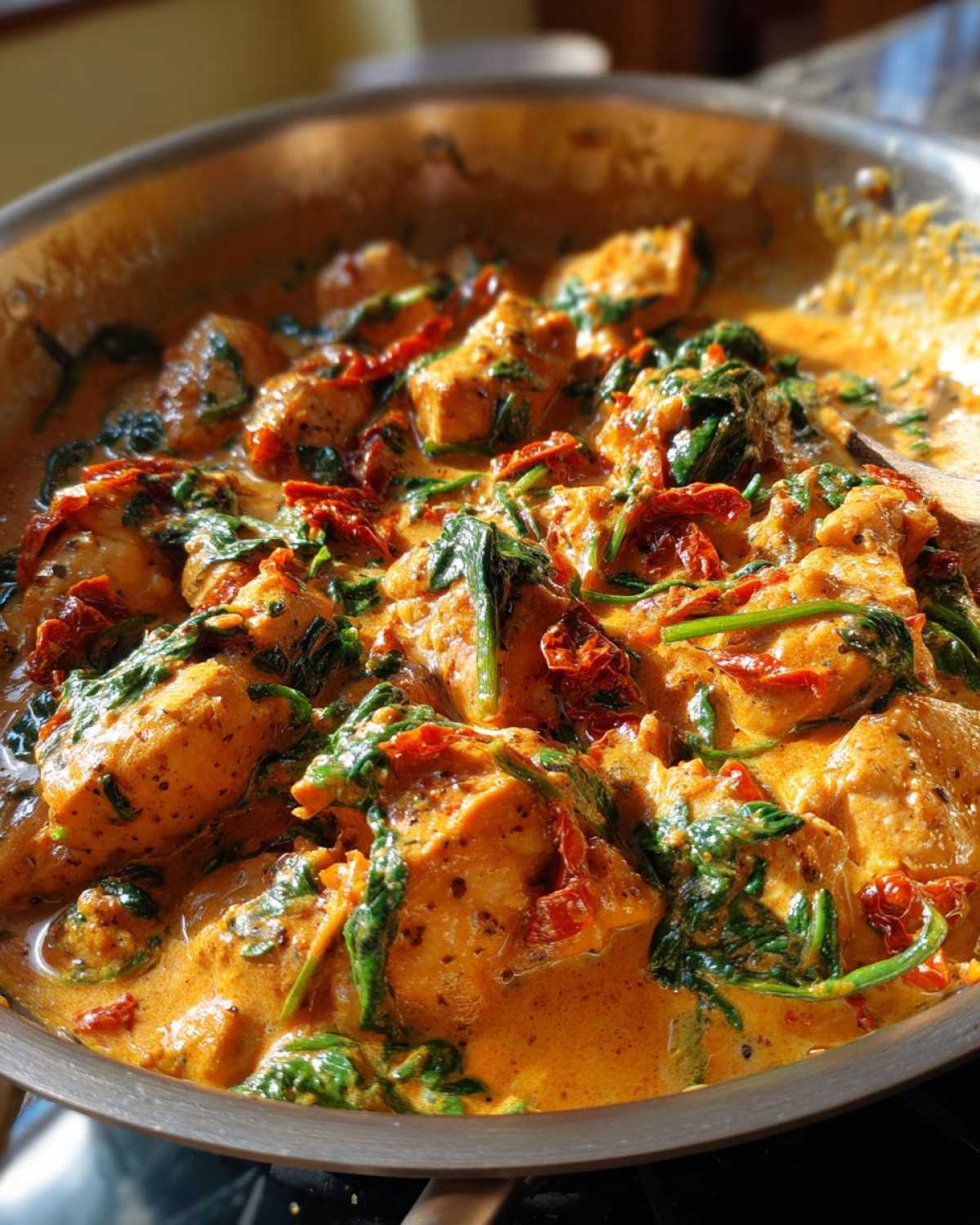 Close-up of creamy cajun chicken pieces mixed with spinach and sun-dried tomatoes in a skillet.