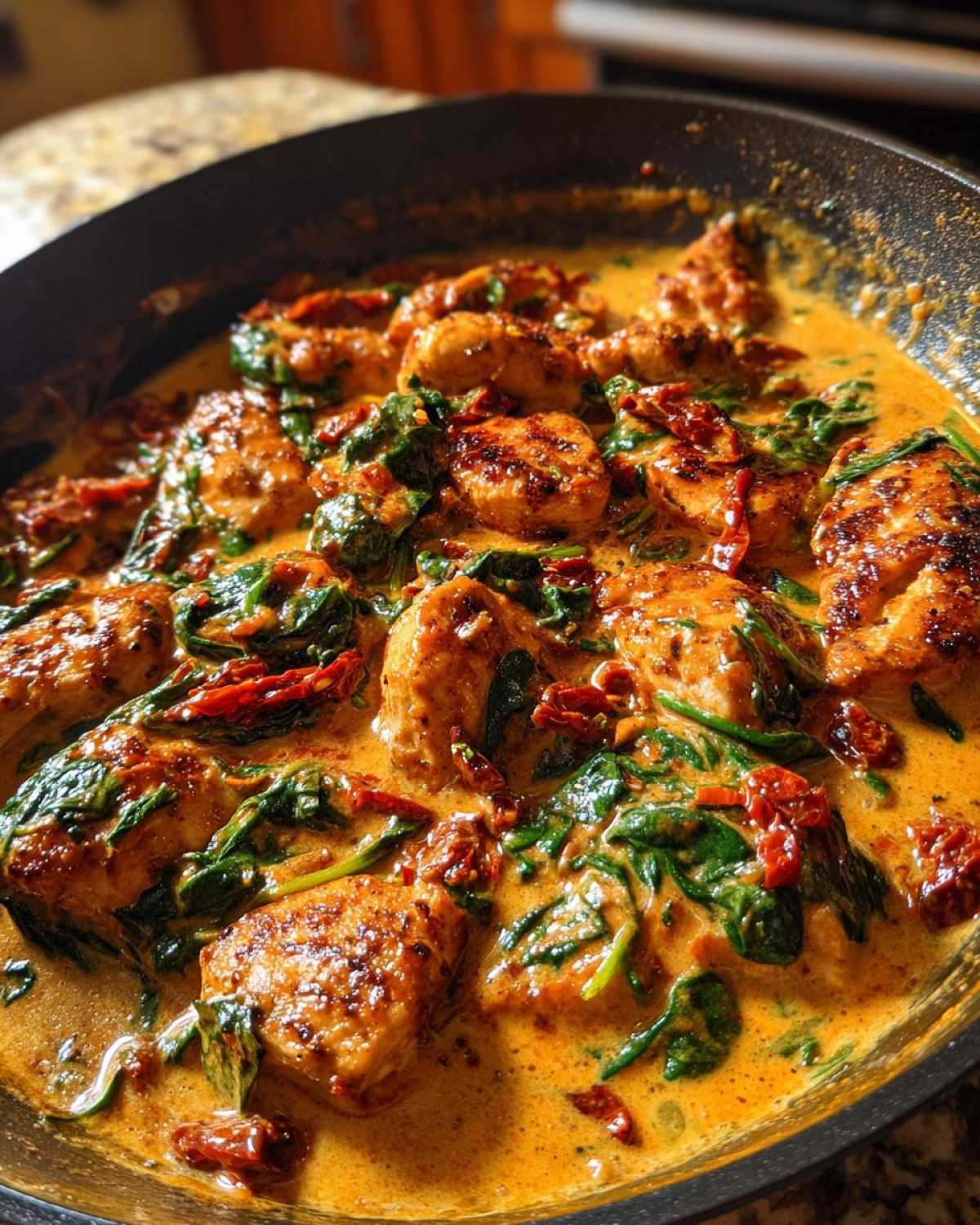 Close-up of seared cajun chicken pieces simmering in a creamy, orange sauce with spinach and sun-dried tomatoes.