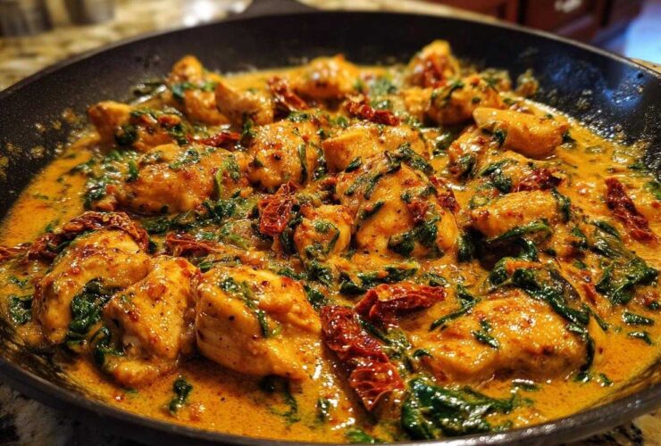 Close-up of tender chunks of cajun chicken simmering in a creamy, orange sauce with spinach and sun-dried tomatoes in a black skillet.