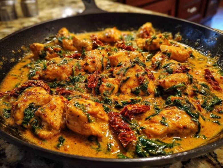 Close-up of tender chunks of cajun chicken simmering in a creamy, orange sauce with spinach and sun-dried tomatoes in a black skillet.