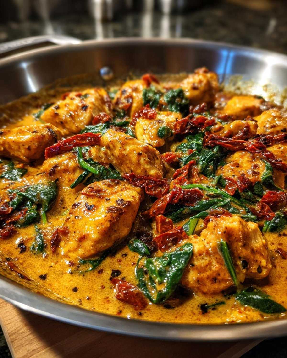 Close-up of seasoned cajun chicken pieces simmering in a creamy, golden sauce with wilted spinach and sun-dried tomatoes.
