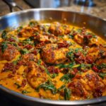 Close-up of seared cajun chicken pieces simmering in a creamy sauce with spinach and sun-dried tomatoes in a stainless steel skillet.