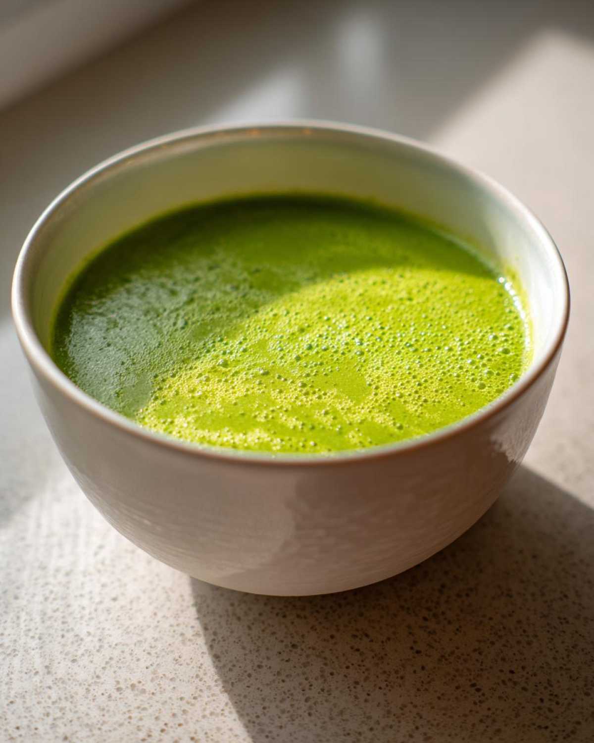 Close-up of bright green, creamy celery soup with small bubbles on top, served in a light-colored bowl.