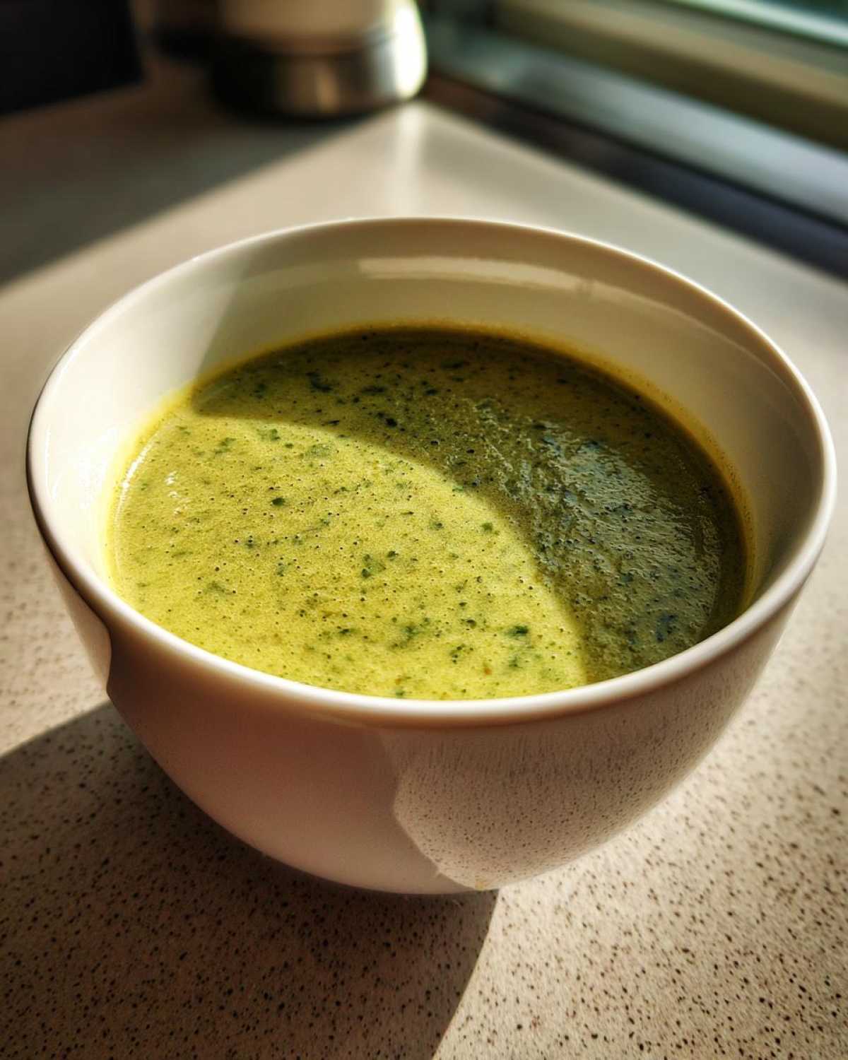 Close-up of a bowl of creamy, vibrant green celery soup with small flecks of herbs.