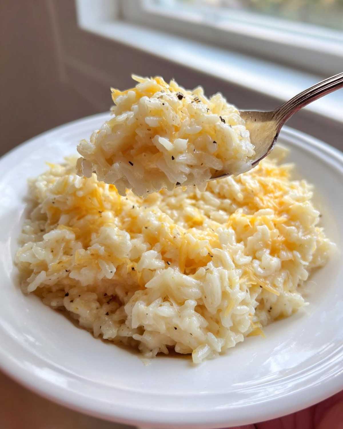 A spoonful of creamy cheesy rice topped with shredded cheddar cheese being lifted from a white bowl.