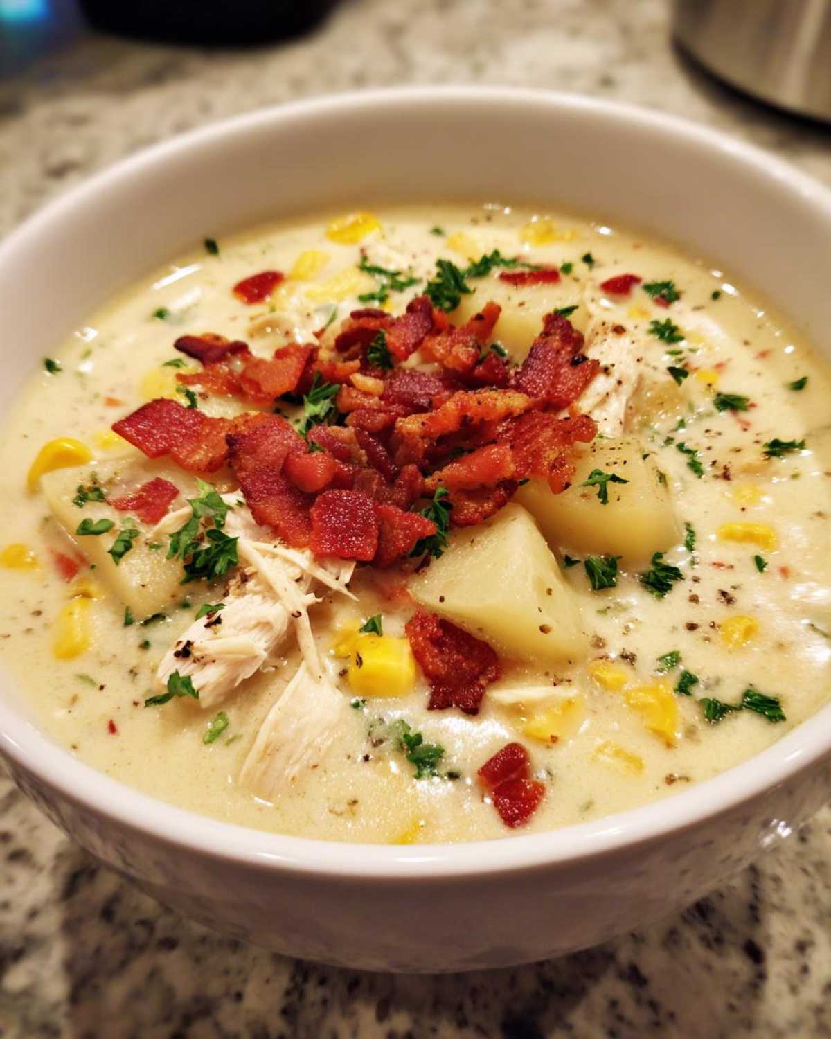 Close-up of a bowl of creamy chicken corn chowder, loaded with potatoes, corn, and topped with crispy bacon bits and parsley.