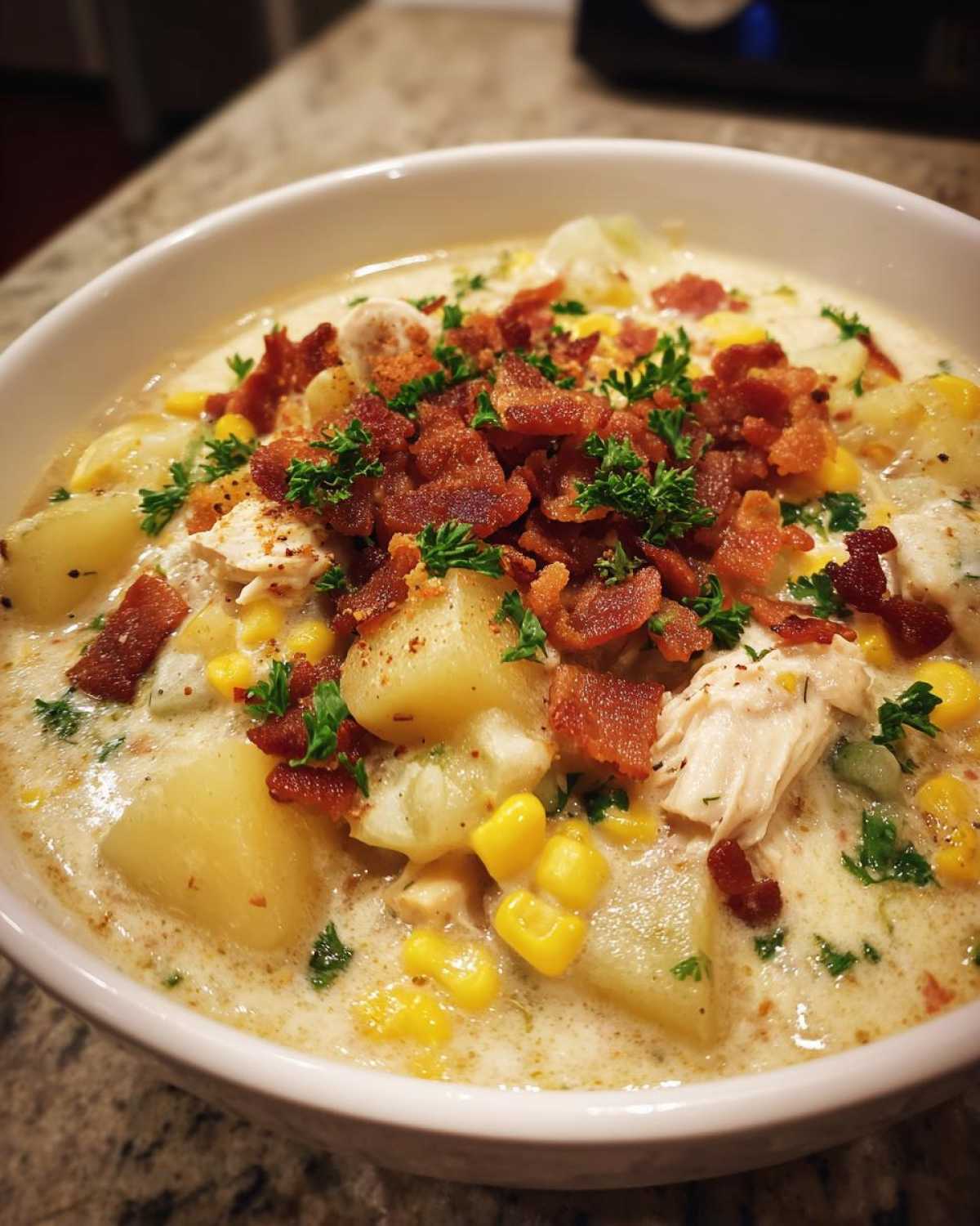 Close-up of a bowl of creamy chicken corn chowder loaded with potatoes, corn, and topped generously with crispy bacon bits and parsley.