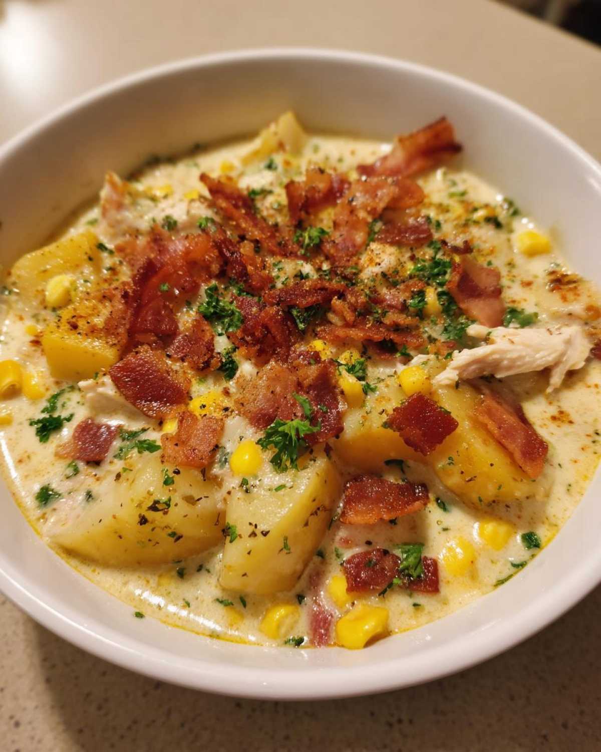 A close-up of creamy chicken corn chowder filled with large potato chunks, corn, and topped generously with crispy bacon bits and parsley.