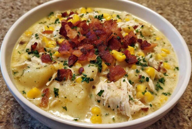 A close-up of creamy chicken corn chowder loaded with chunks of potato, corn, shredded chicken, and topped generously with crispy bacon bits.