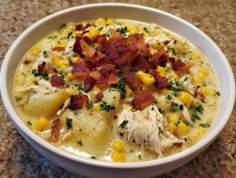 A close-up of creamy chicken corn chowder loaded with chunks of potato, corn, shredded chicken, and topped generously with crispy bacon bits.