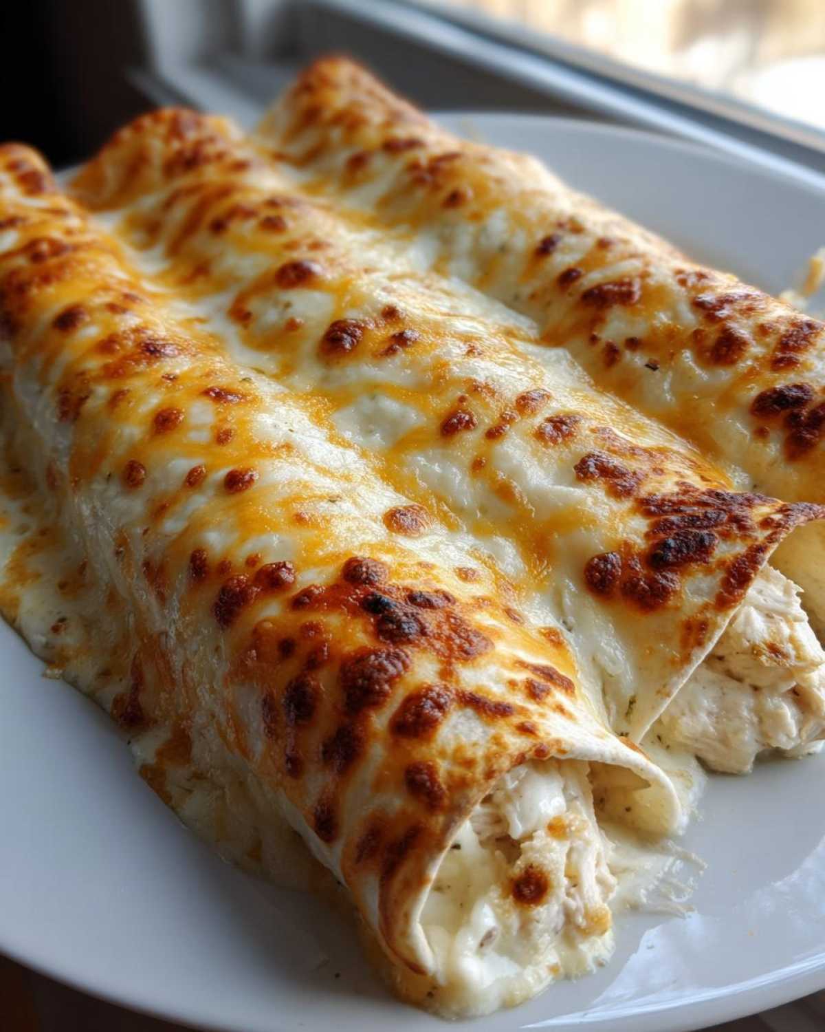 Close-up of three creamy chicken enchiladas covered in melted, bubbly, and slightly browned white and cheddar cheese.