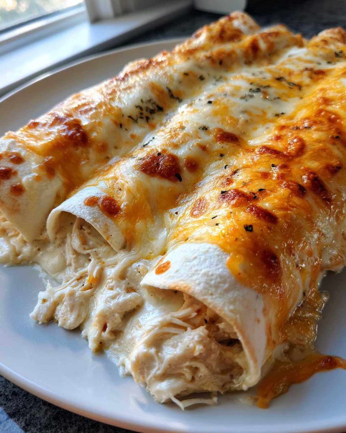Close-up of three creamy chicken enchiladas smothered in melted white and orange cheese, filling spilling out.