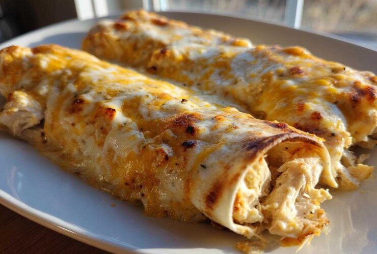 Close-up of two baked chicken enchiladas covered in melted white and yellow cheese, showing shredded chicken filling.