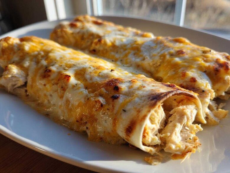 Close-up of two baked chicken enchiladas covered in melted white and yellow cheese, showing shredded chicken filling.