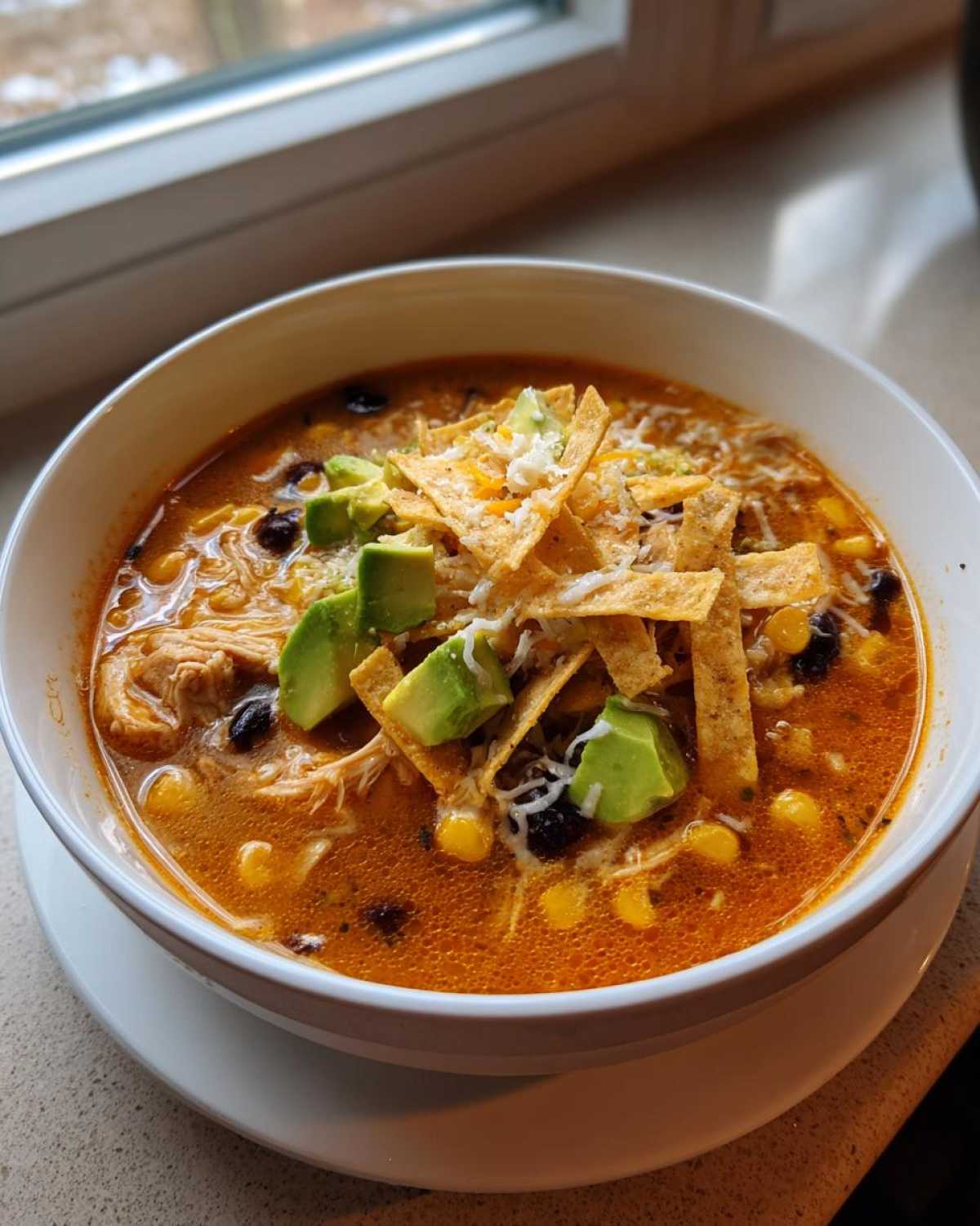 A close-up of a bowl of creamy chicken tortilla soup topped with avocado, cheese, and tortilla strips.
