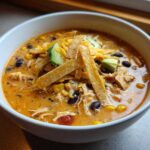 A close-up of a bowl of creamy chicken tortilla soup topped with shredded cheese, avocado, and tortilla strips.