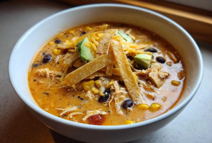 A close-up of a bowl of creamy chicken tortilla soup topped with shredded cheese, avocado, and tortilla strips.