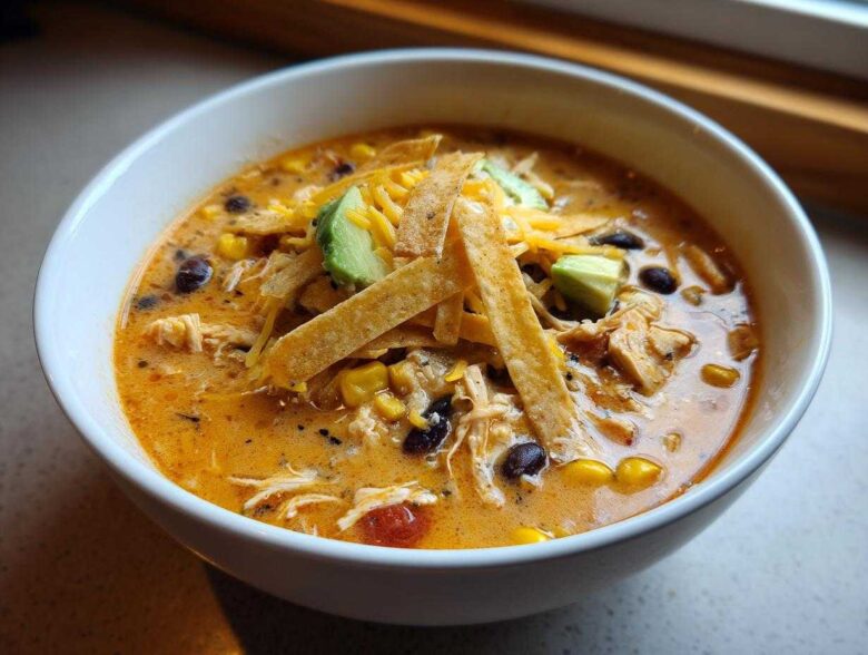 A close-up of a bowl of creamy chicken tortilla soup topped with shredded cheese, avocado, and tortilla strips.