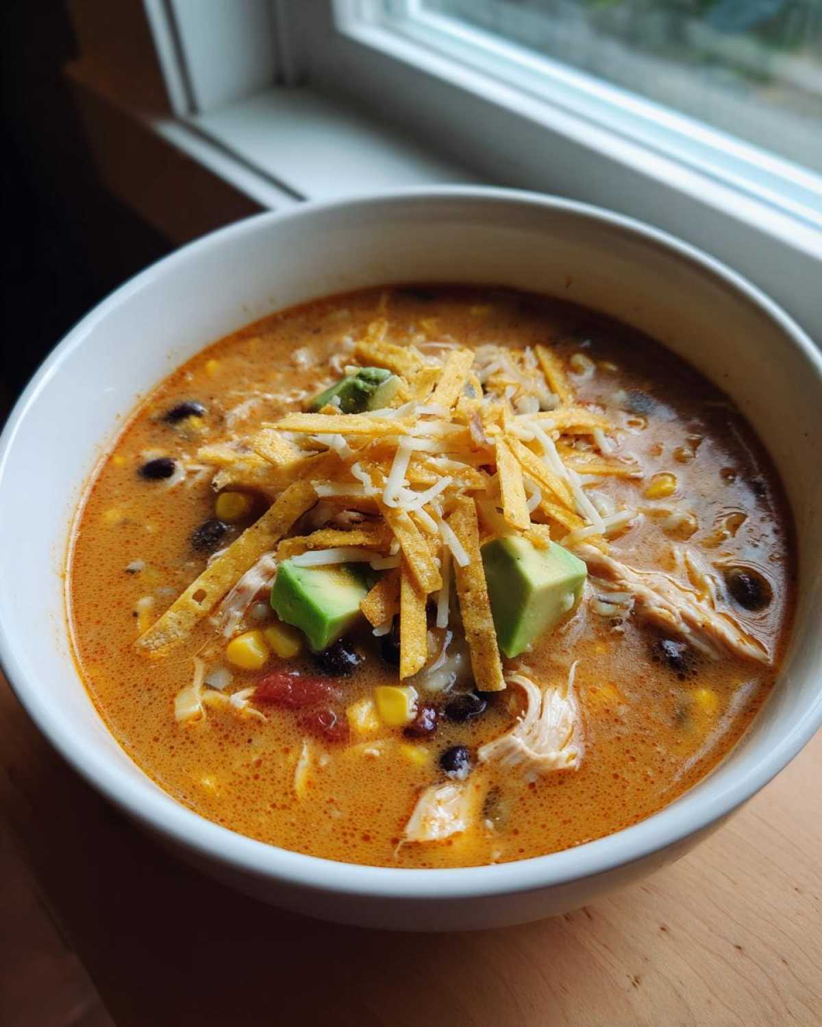 A close-up of a bowl of creamy chicken tortilla soup topped with avocado, cheese, and tortilla strips.