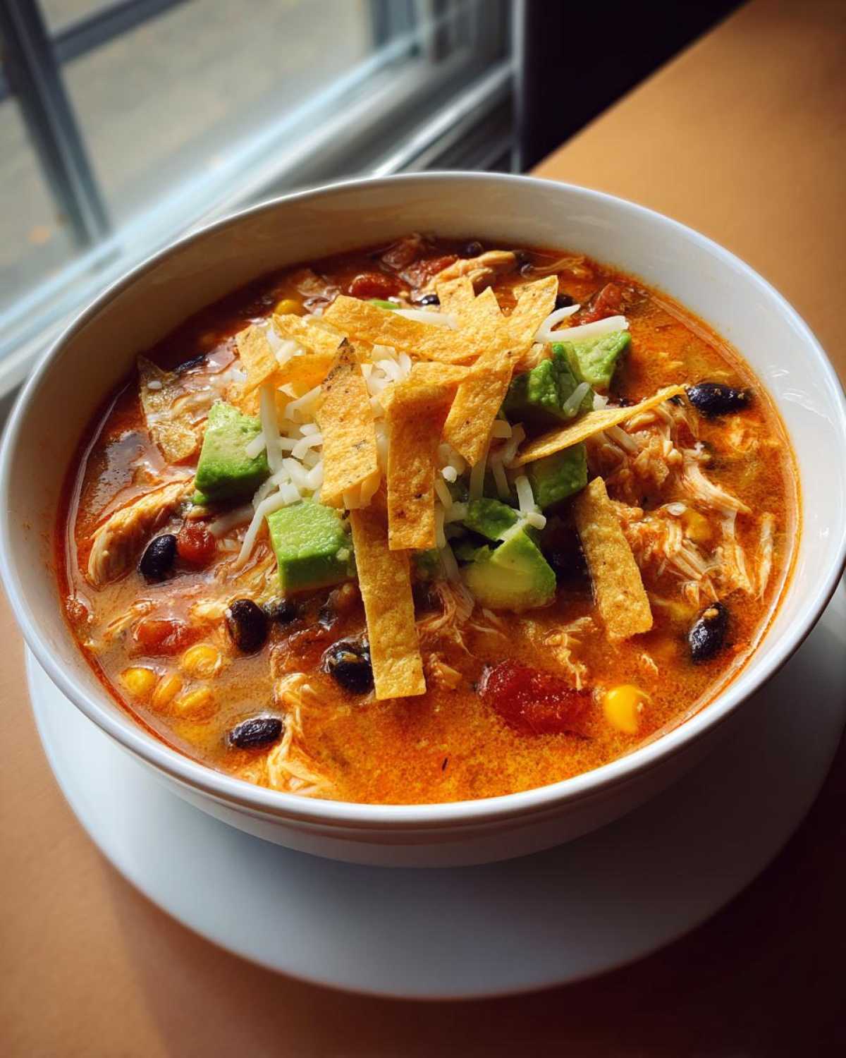 A close-up of a bowl of creamy chicken tortilla soup topped with avocado, cheese, and tortilla strips.