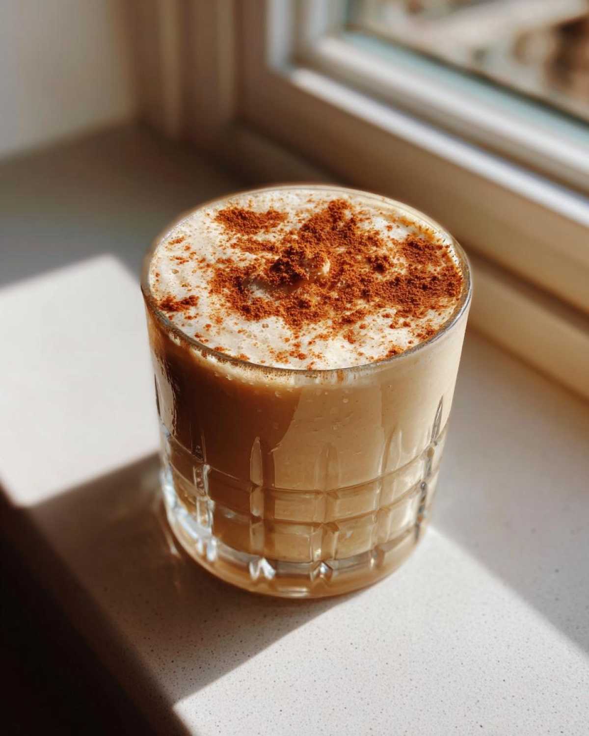 A glass of creamy coquito topped generously with ground cinnamon, sitting by a sunlit window.