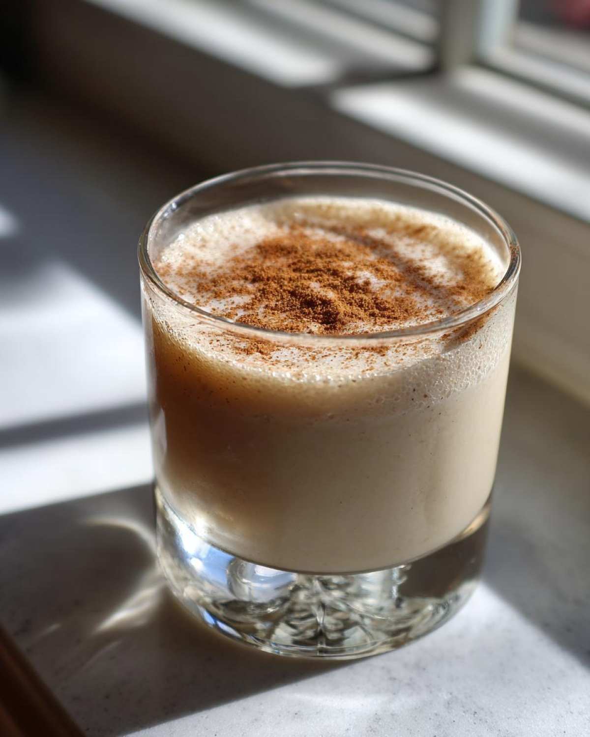 A glass of creamy coquito topped with a generous dusting of ground cinnamon, sitting in sunlight.