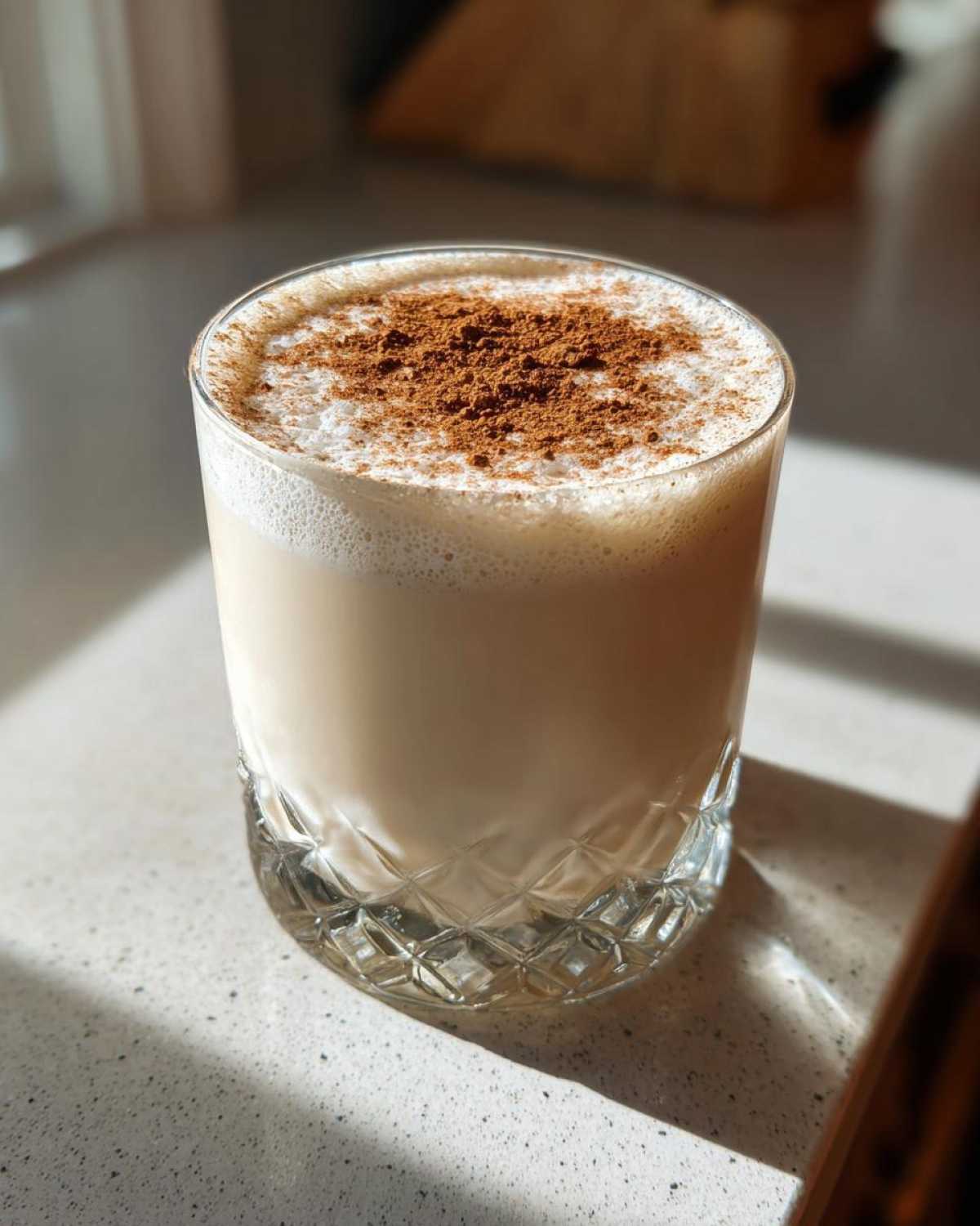 A glass of creamy, light brown coquito topped with a generous dusting of cinnamon powder.
