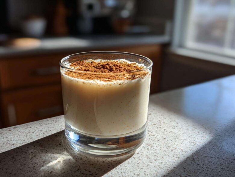 A glass of creamy coquito topped generously with ground cinnamon spice, sitting on a sunlit countertop.