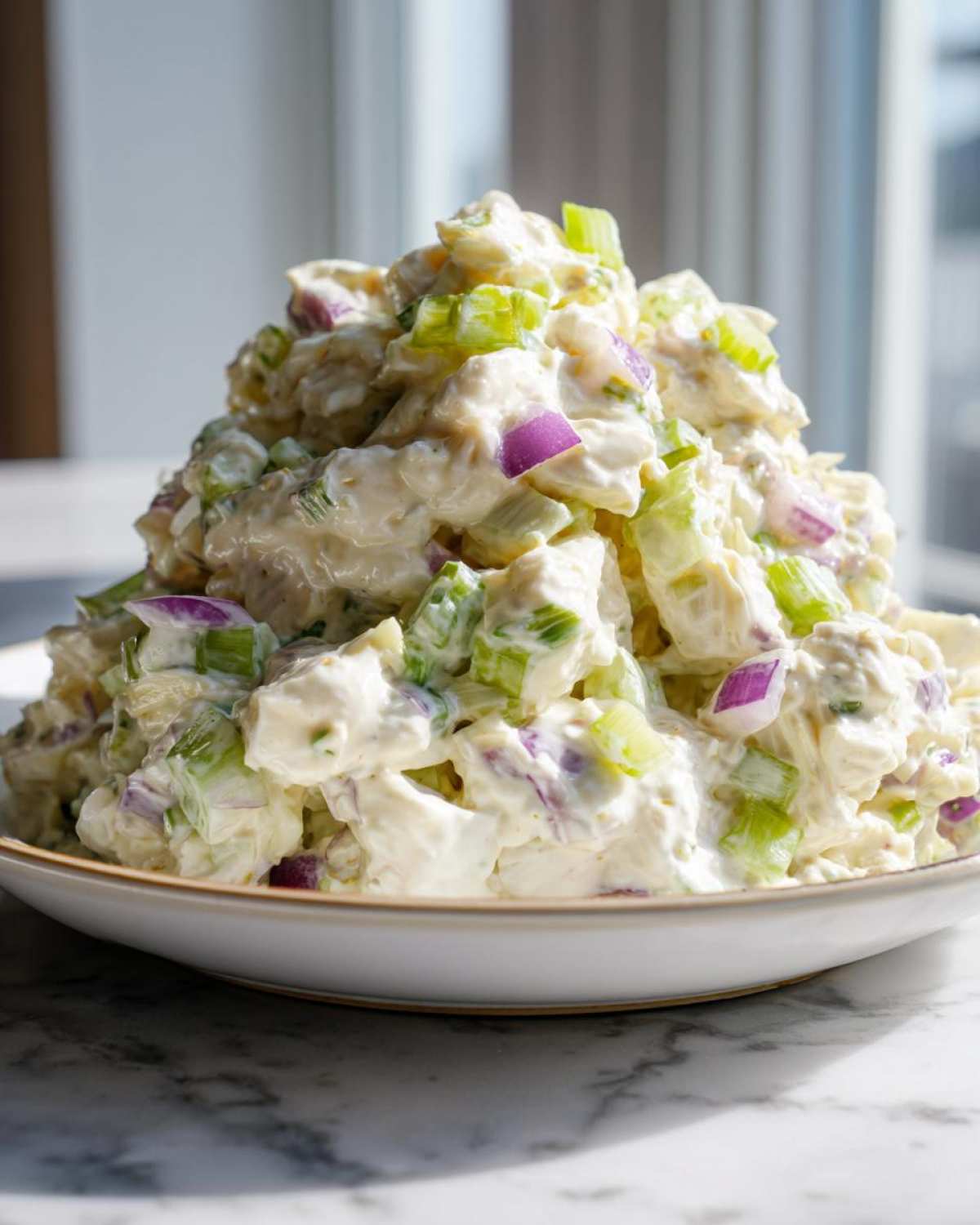 A tall mound of creamy crab salad mixed with chopped celery and red onion served in a white bowl.