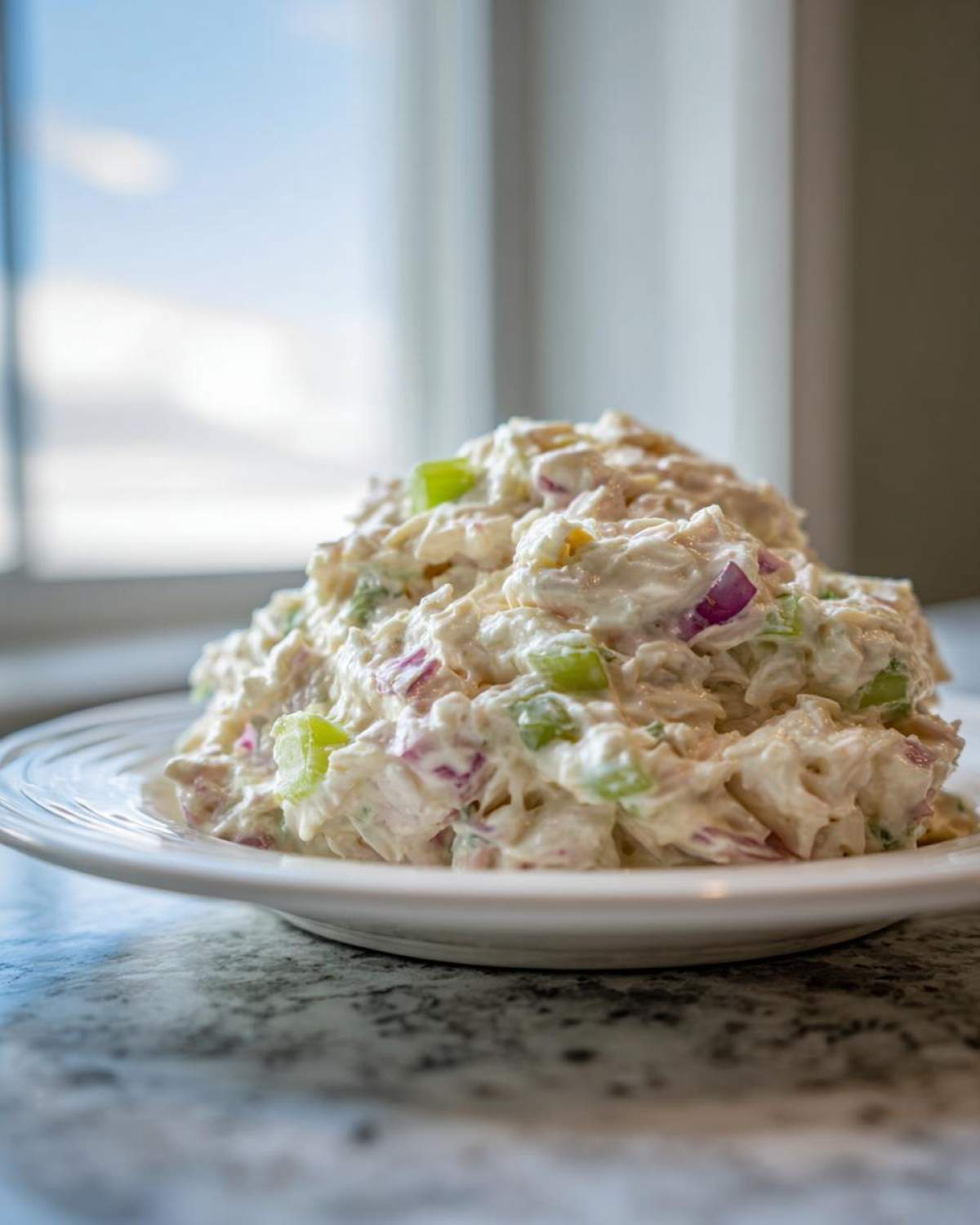 A generous serving of creamy crab salad mixed with celery and red onion, presented on a white plate.