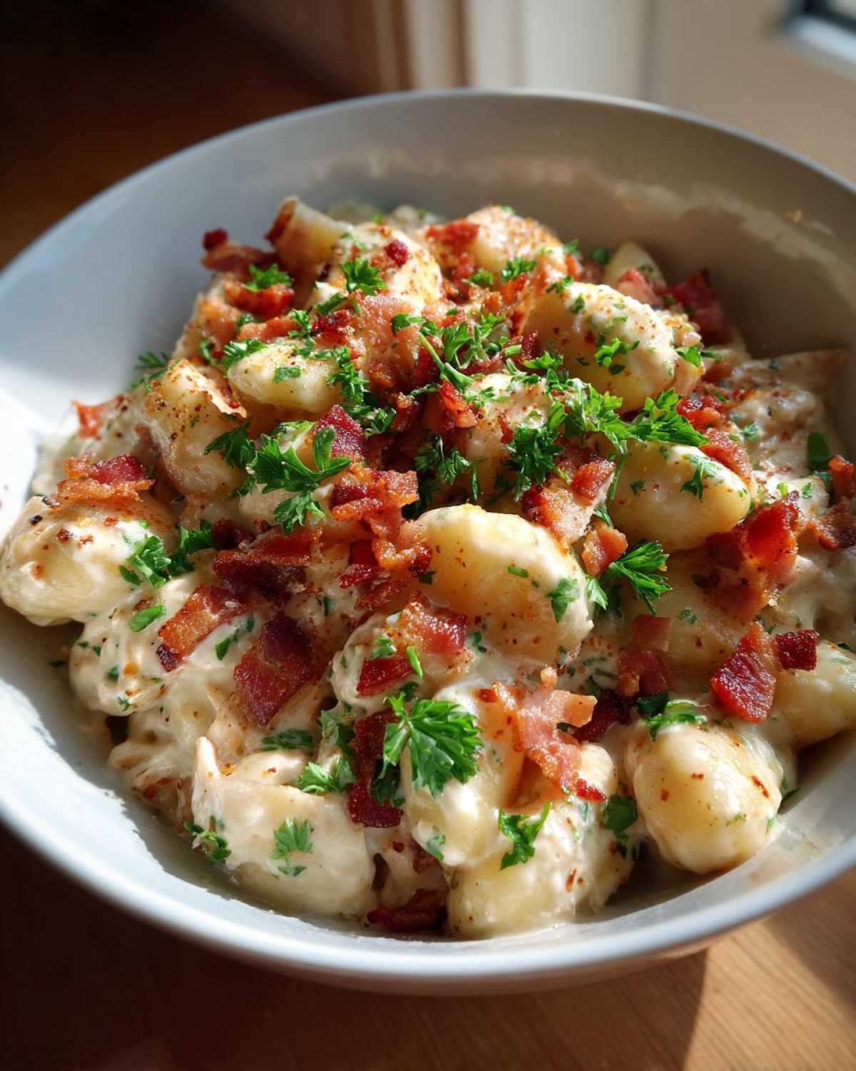 Close-up of creamy crack chicken gnocchi tossed in a rich sauce and topped with crispy bacon bits and fresh parsley.