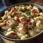 A close-up of creamy crack chicken gnocchi topped with crispy bacon bits and fresh parsley in a dark bowl.