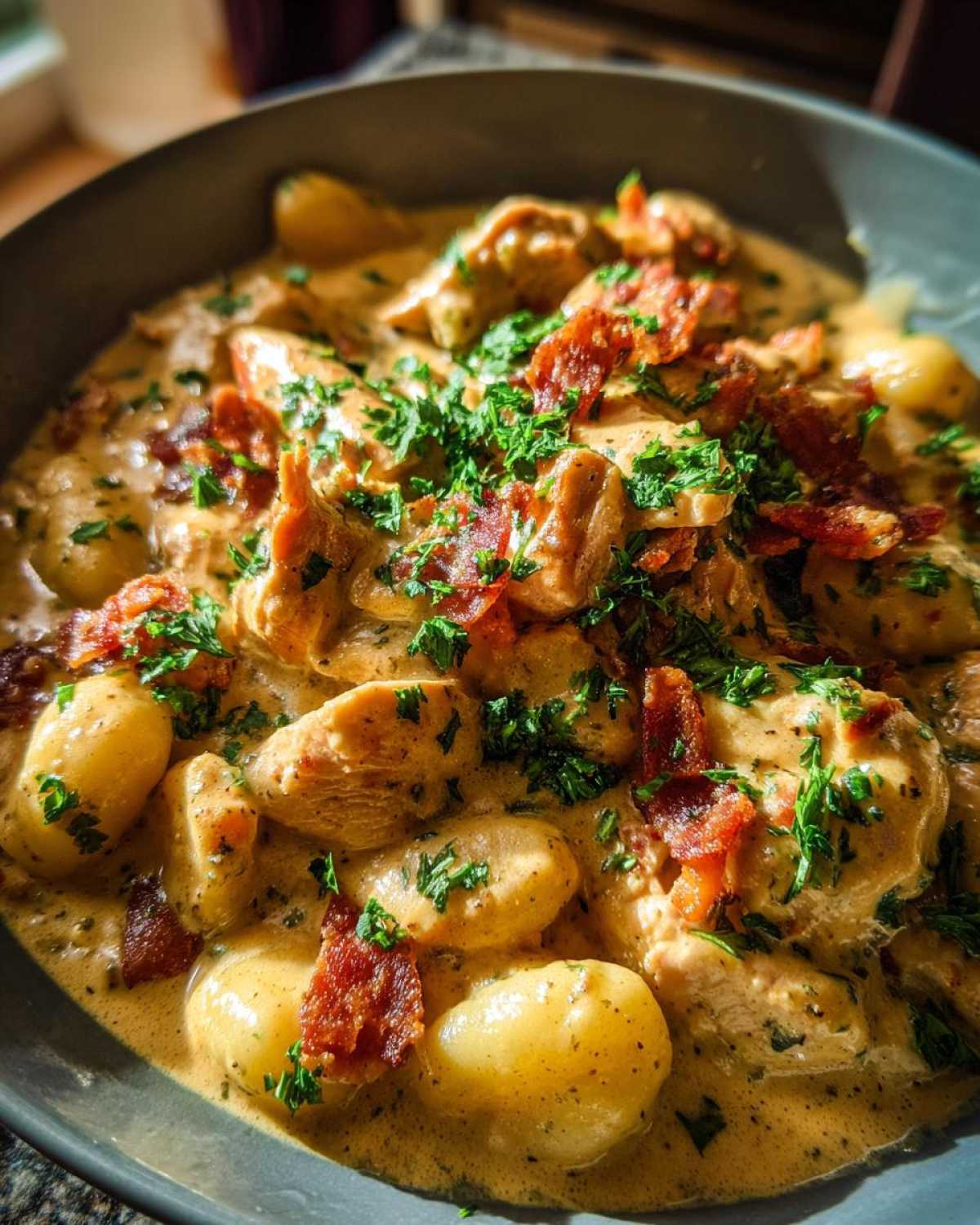 Close-up of creamy crack chicken gnocchi dish topped with crispy bacon bits and fresh parsley.