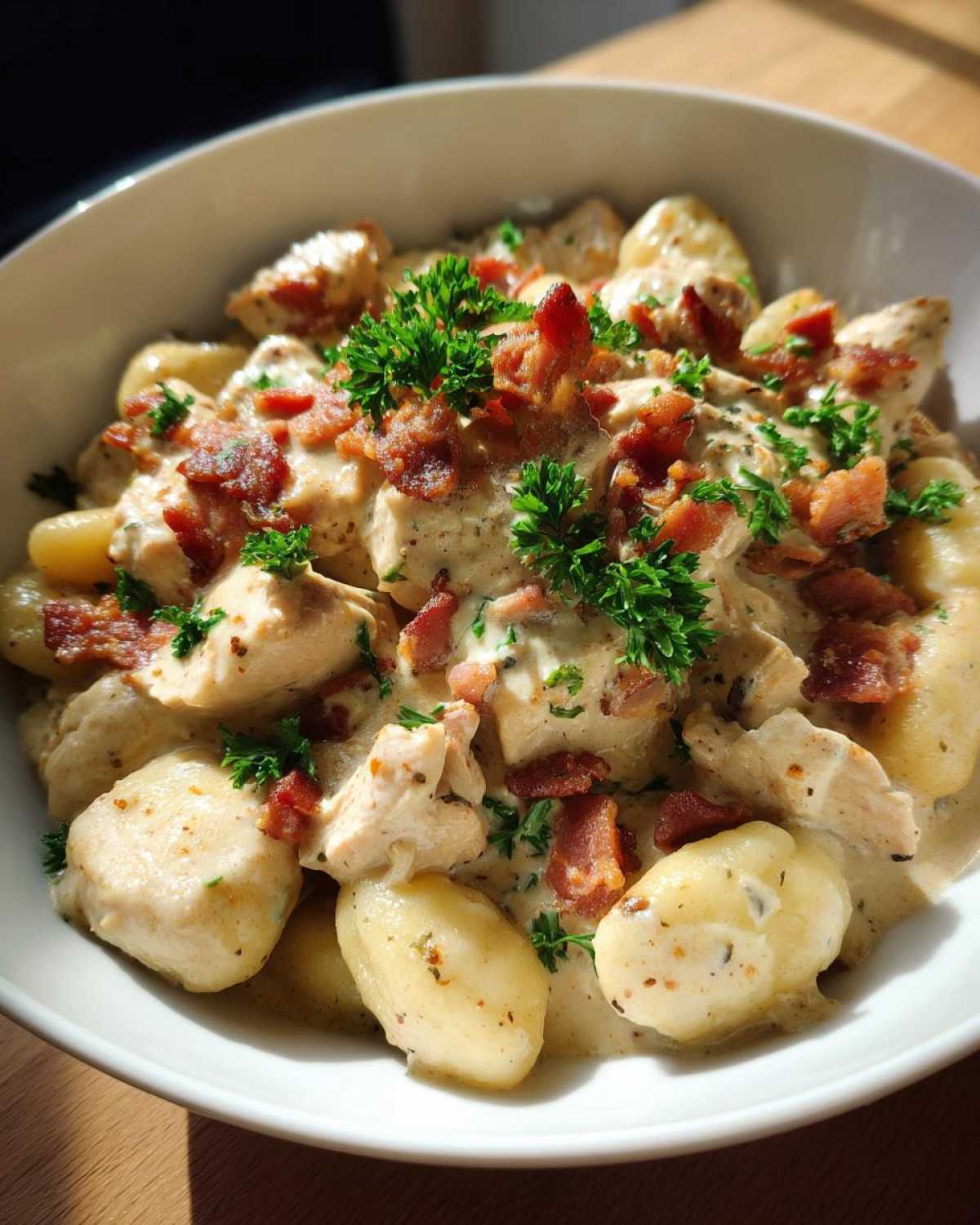 A close-up of creamy crack chicken gnocchi topped with crispy bacon bits and fresh parsley.