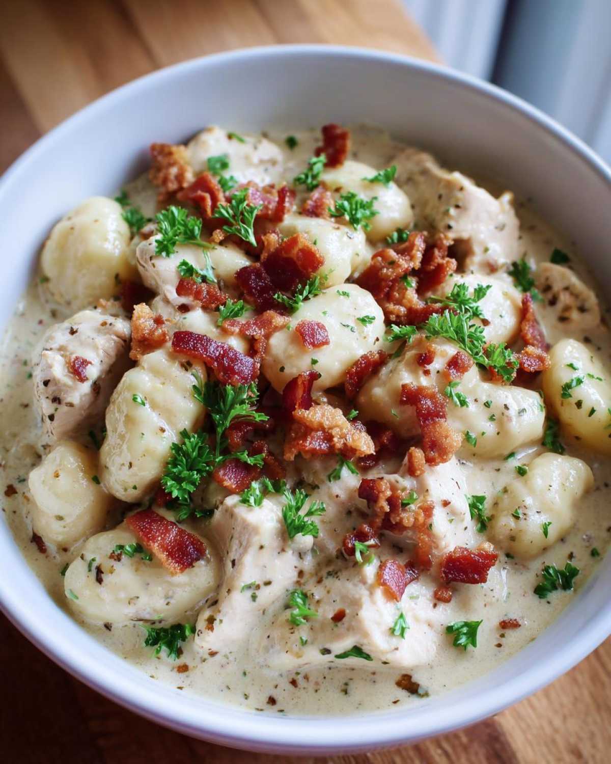 Close-up of creamy crack chicken gnocchi topped with bacon bits and fresh parsley in a white bowl.