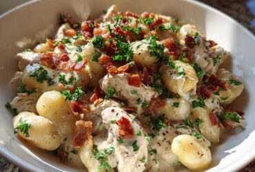 Close-up of creamy crack chicken gnocchi tossed in a rich white sauce, topped with bacon bits and fresh parsley.