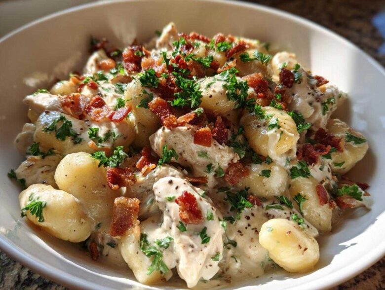 Close-up of creamy crack chicken gnocchi tossed in a rich white sauce, topped with bacon bits and fresh parsley.